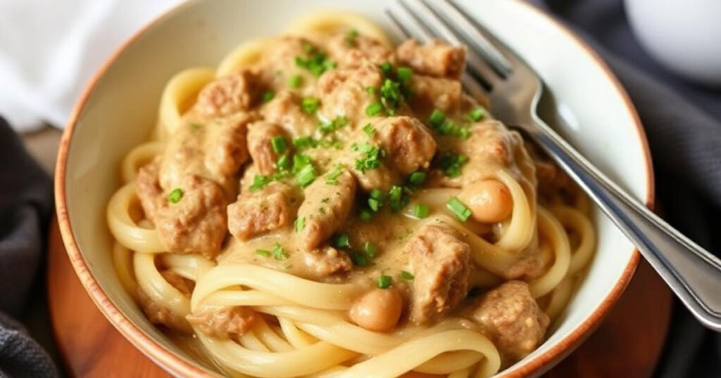 A bowl of classic Beef Stroganoff served over egg noodles, garnished with fresh parsley.