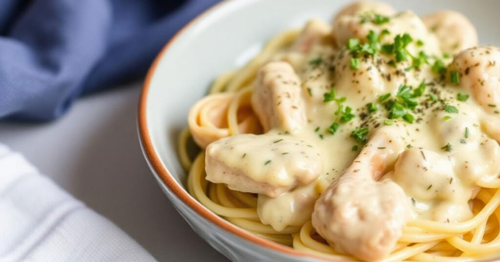 A plate of creamy Chicken Alfredo with fettuccine pasta, garnished with fresh parsley and Parmesan cheese.