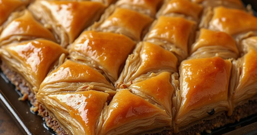 Ingredients for easy homemade baklava, including phyllo dough, nuts, and honey.