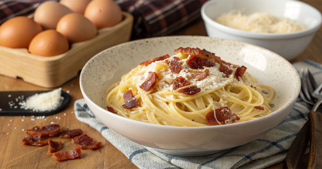 late of 30-minute spaghetti carbonara with crispy guanciale, creamy sauce, and freshly grated Pecorino Romano, served hot