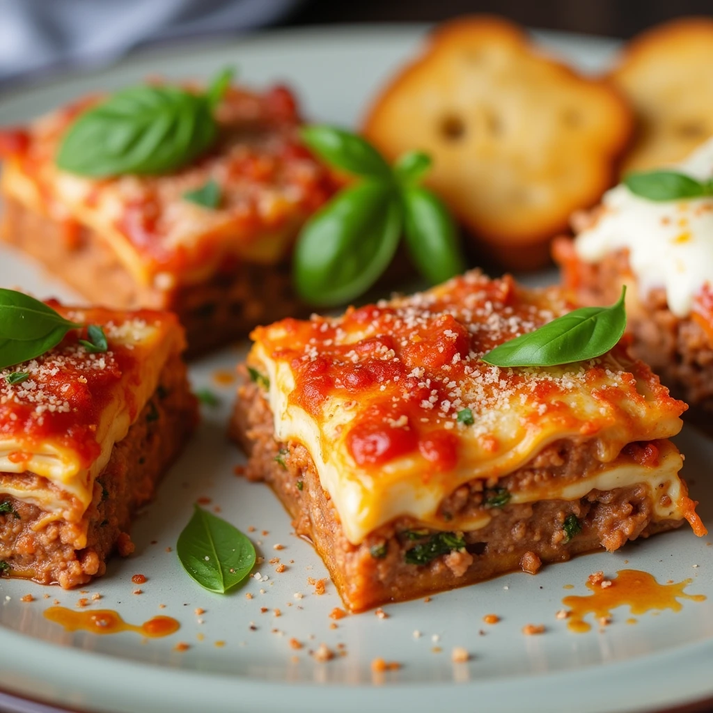 A platter with three types of lasagna: classic meat, vegetarian, and gluten-free, garnished with fresh basil and served with garlic bread.