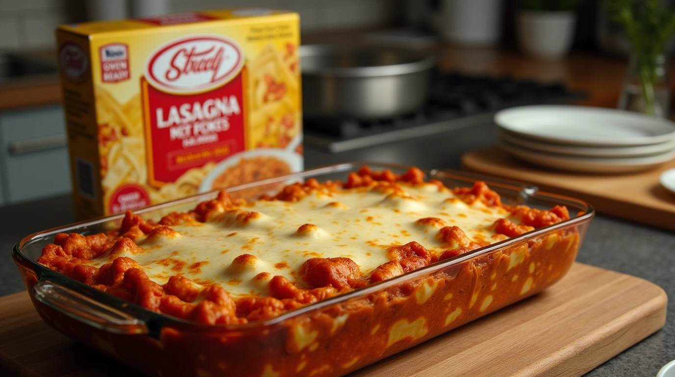 A dish of baked lasagna with golden-brown melted cheese, showing layers of noodles and sauce, next to a box of oven ready lasagna noodles.