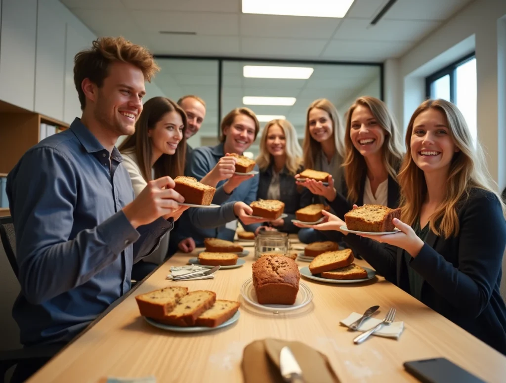 Coworkers sharing different banana bread varieties around an office table set with an assortment of loaves.