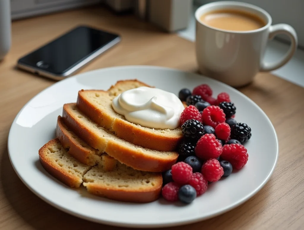 Sliced banana bread served with whipped cream and berries on a plate, with coffee on an office desk.