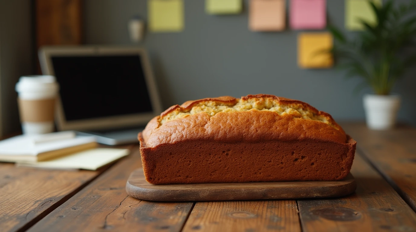 A loaf of banana bread on a wooden table in an office breakroom, surrounded by a coffee mug, laptop, and sticky notes.