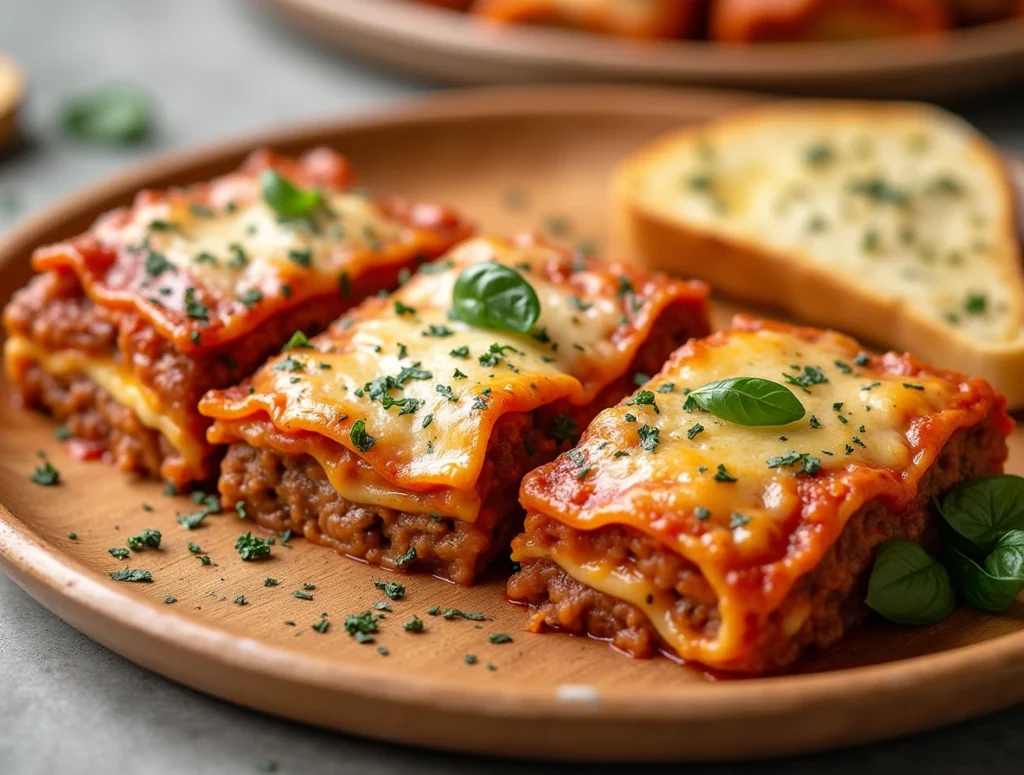 A slice of Barilla lasagna with soft noodles, melted cheese, and rich meat sauce on a white plate with a fork and knife beside it.