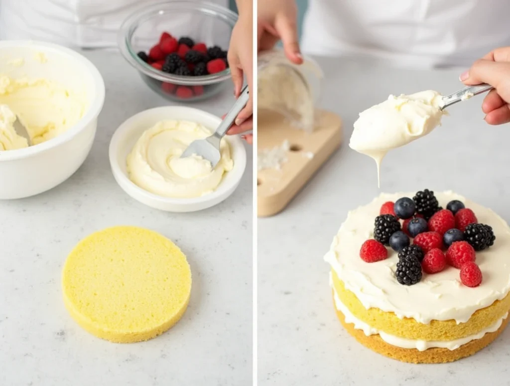 Layering chantilly cake with mascarpone frosting and fresh berries during assembly.