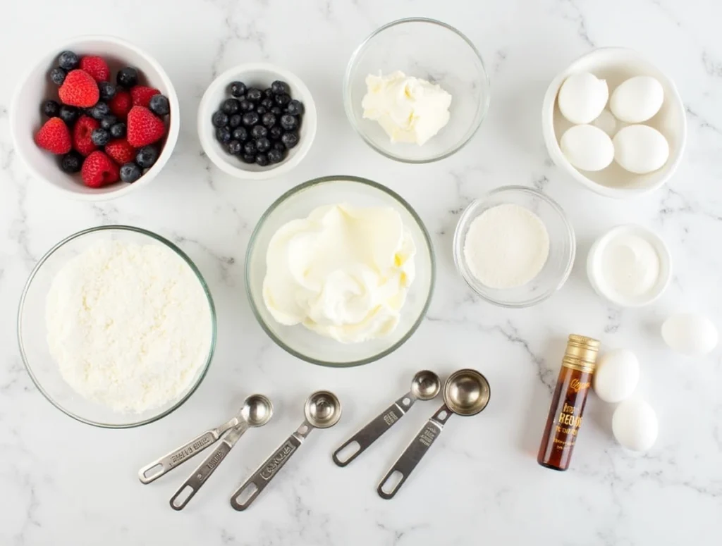 Key ingredients for chantilly cake, including berries, mascarpone, heavy cream, and flour.