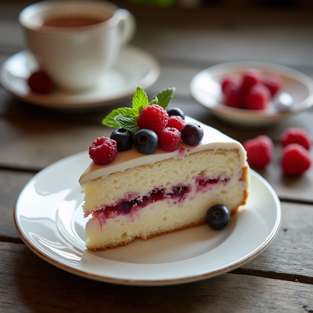 A slice of chantilly cake with mascarpone frosting and fresh berries served on a plate.