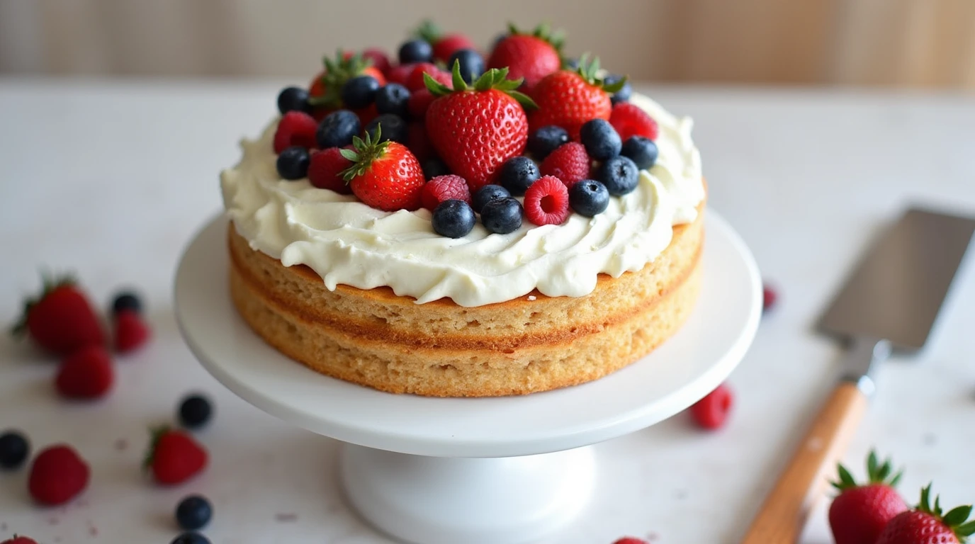 Chantilly cake with mascarpone frosting and fresh berries on a white cake stand.