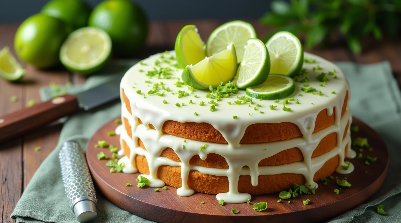 Key lime cake with cream cheese frosting, lime slices, and zest on a rustic table.