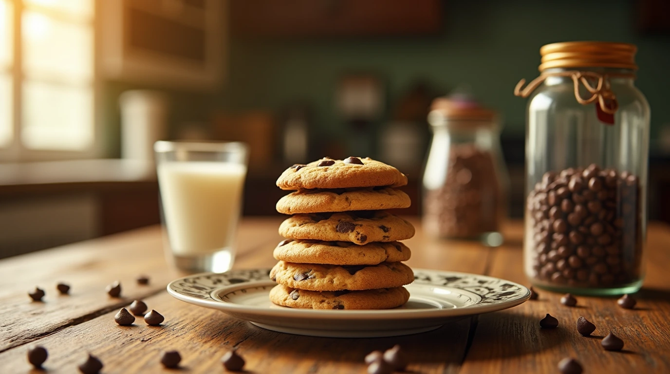 A plate of Nestle chocolate chip cookies with a glass of milk and a jar of chocolate chips on a wooden table in a cozy kitchen.