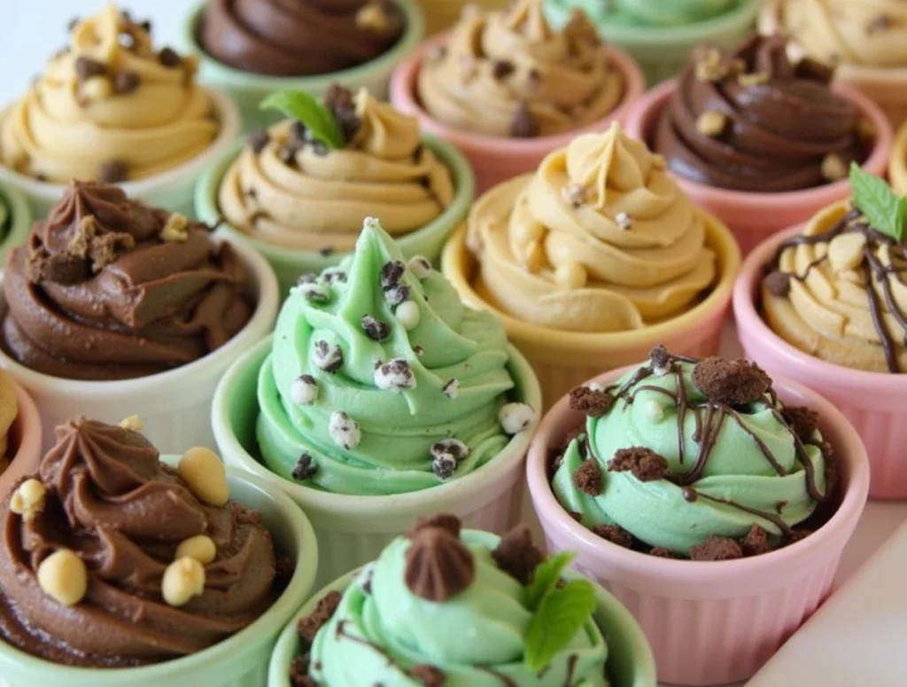 A variety of cookie dough flavors in bowls, including double chocolate, peanut butter swirl, and mint chocolate, each garnished with toppings.