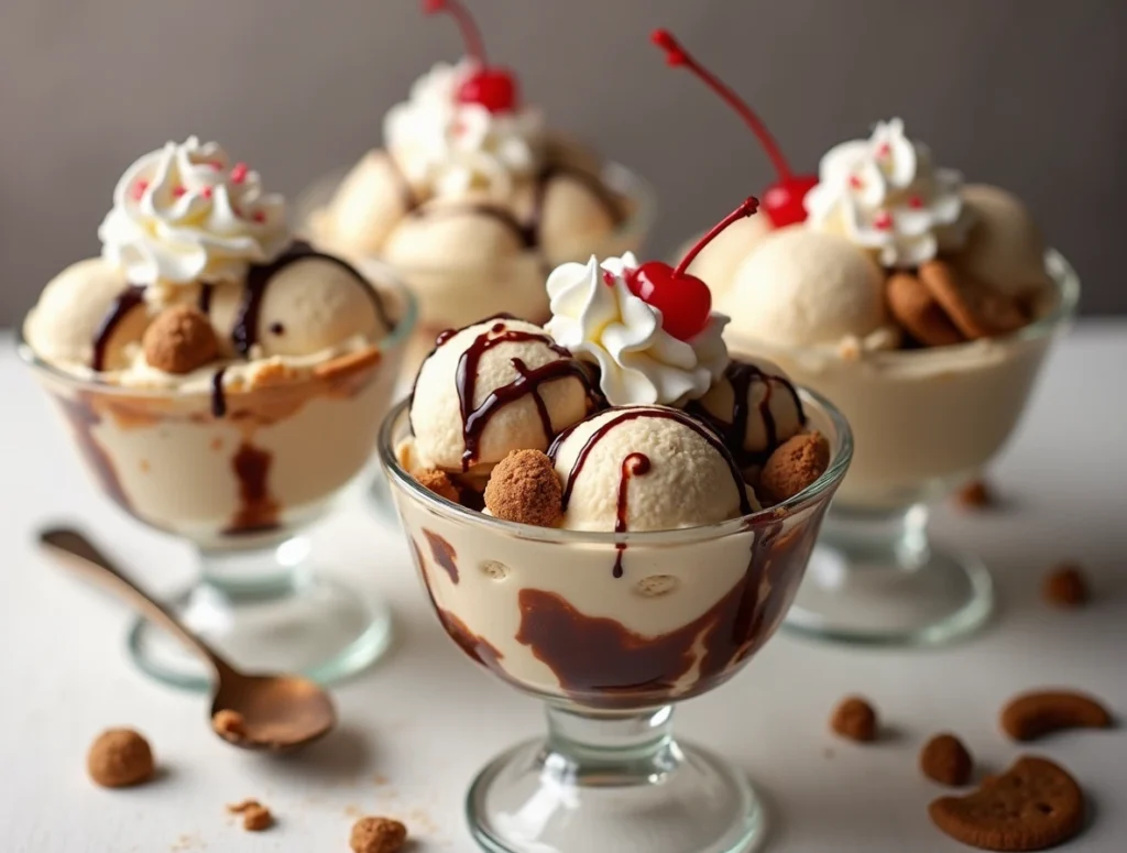 Cookie dough ice cream sundae topped with whipped cream, a cherry, and chocolate syrup, with visible chunks of cookie dough.