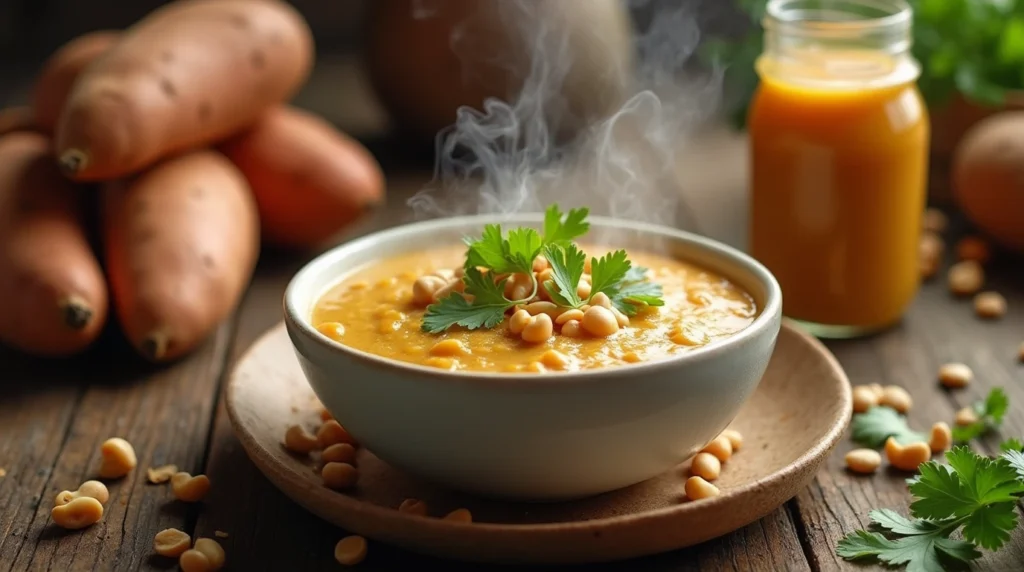 Creamy vegan peanut butter soup garnished with peanuts and cilantro on a wooden table.