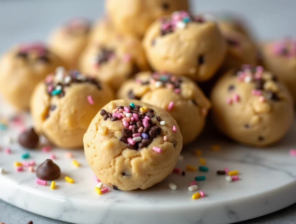 Edible cookie dough balls arranged on a marble plate with chocolate chips and colorful sprinkles nearby.