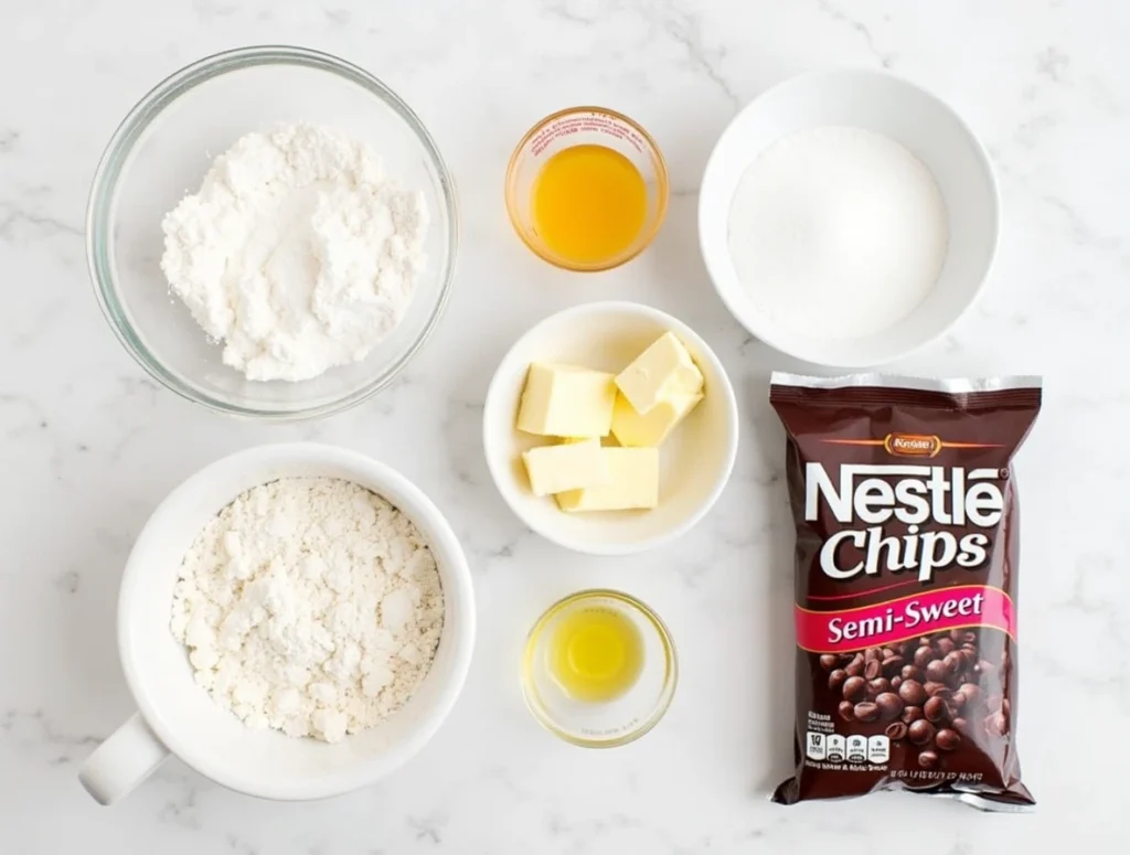 Ingredients for the Nestle chocolate chip cookie recipe, including flour, butter, sugar, eggs, and chocolate chips, laid out on a marble countertop.