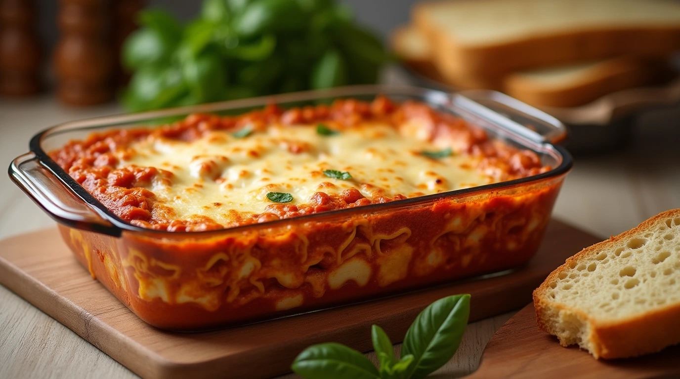 Freshly baked Barilla lasagna with golden cheese and visible layers of noodles, sauce, and ricotta in a glass baking dish.