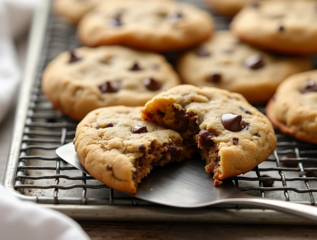 Freshly baked Nestle chocolate chip cookies cooling on a wire rack, with melted chocolate chips and a spatula beside them.