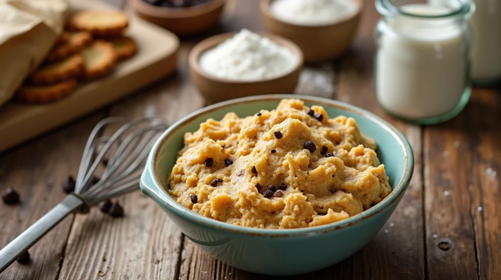 A mixing bowl with creamy cookie dough surrounded by baking ingredients like flour, sugar, and chocolate chips on a wooden countertop.