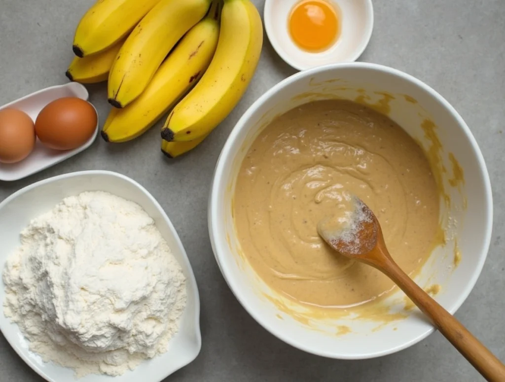 Ingredients for banana bread, including ripe bananas, flour, eggs, and batter in a mixing bowl, on a kitchen counter.