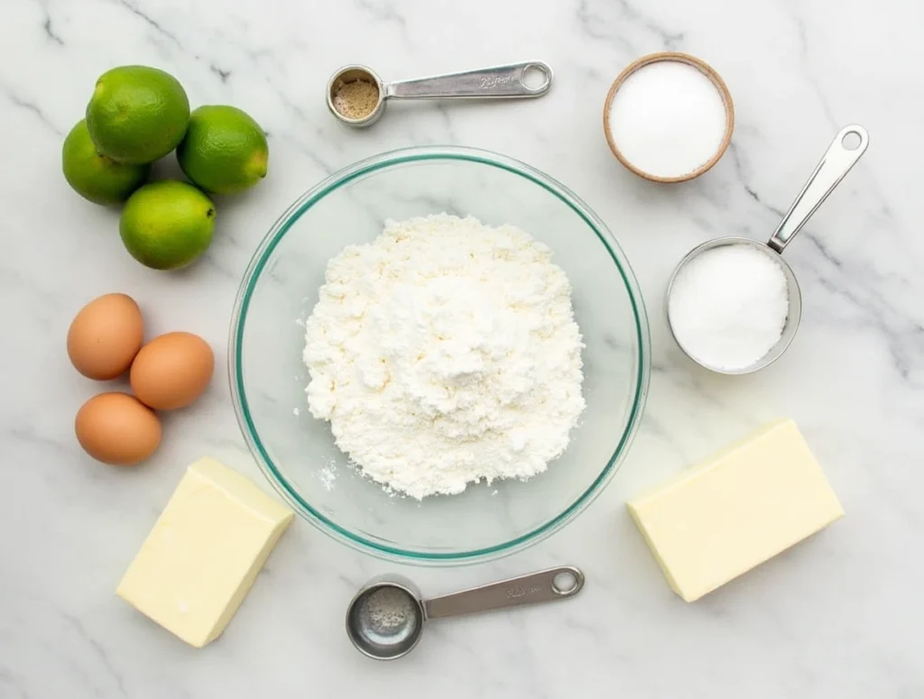 Ingredients for key lime cake, including key limes, flour, eggs, and cream cheese, on a marble countertop.