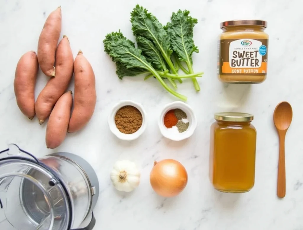 Key ingredients for vegan peanut butter soup, including peanut butter, vegetables, and spices, arranged on a marble countertop.