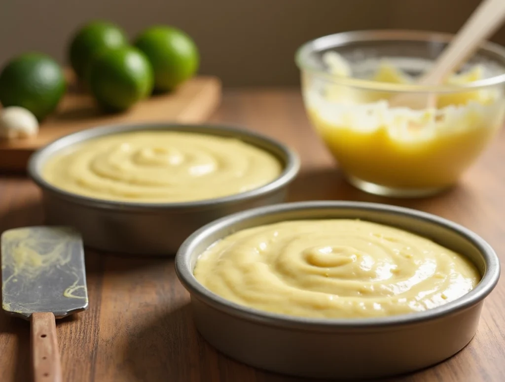 Key lime cake batter in round pans, ready for baking, with key limes and tools nearby.