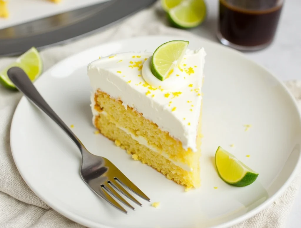 Slice of key lime cake with frosting and lime garnish served on a white plate.