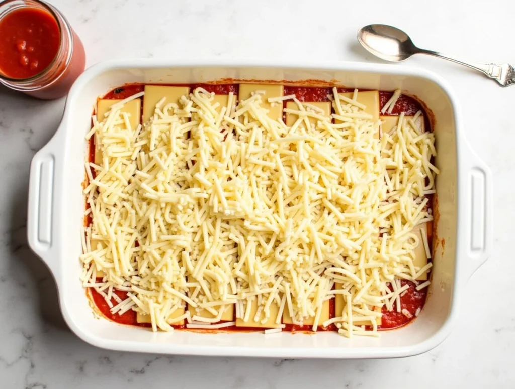 Oven ready lasagna noodles layered with marinara sauce, ricotta cheese, and mozzarella in a baking dish, with a jar of sauce nearby.