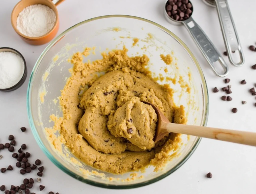 Mixing cookie dough with chocolate chips in a glass bowl, surrounded by measuring spoons and scattered chocolate chips.