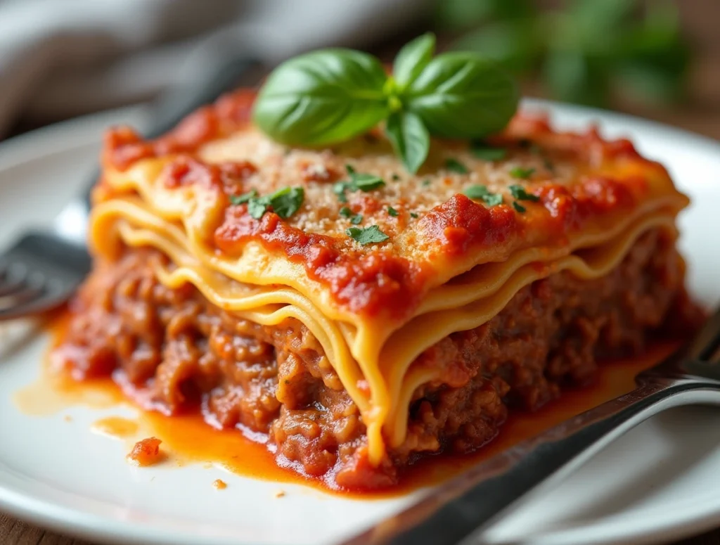 A platter with three variations of Barilla lasagna: classic meat, vegetarian with grilled vegetables, and gluten-free options, garnished with fresh herbs.