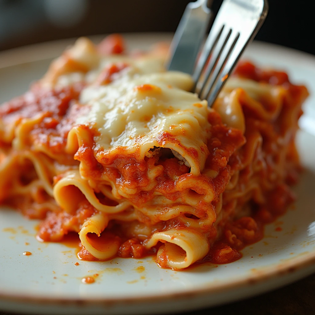 A sliced lasagna showing perfectly cooked noodles, melted cheese, and moist layers of sauce, with a fork and knife beside it.