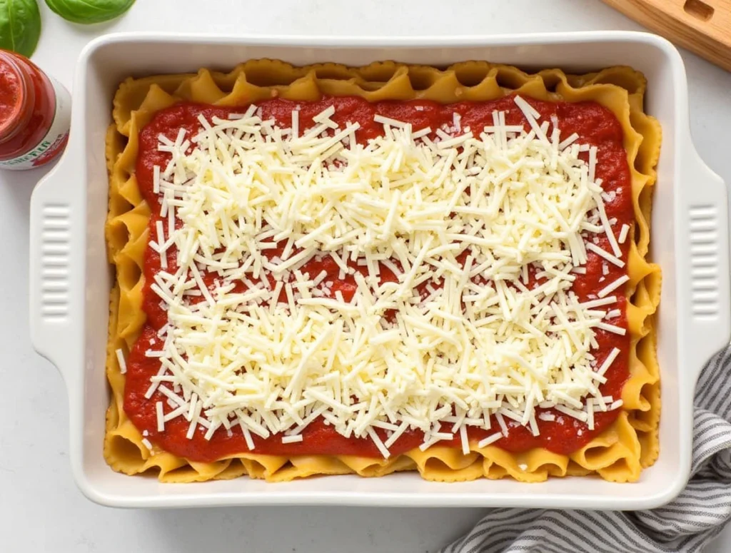 Partially assembled Barilla lasagna with oven-ready noodles, marinara sauce, ricotta cheese, and shredded mozzarella in a baking dish.

