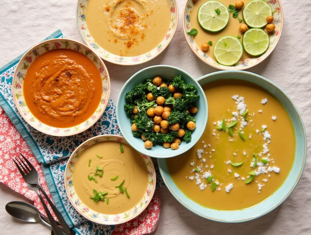 Bowls of vegan peanut butter soup in various styles, including squash, kale, and lime variations.