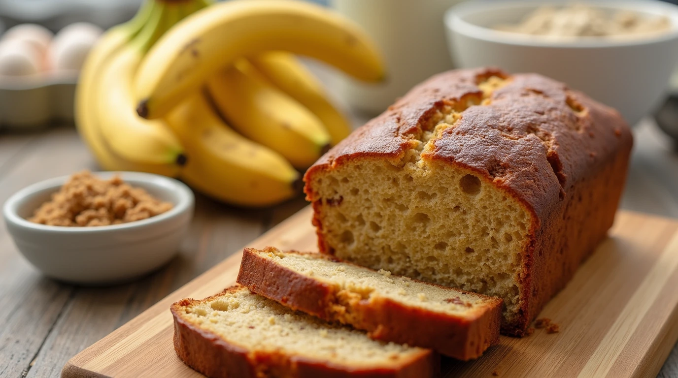 Freshly baked 4 ingredient banana bread with key ingredients displayed in a cozy kitchen setting.