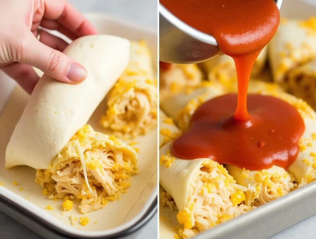 Rolling tortillas with chicken and cheese while pouring enchilada sauce over assembled enchiladas in a baking dish.