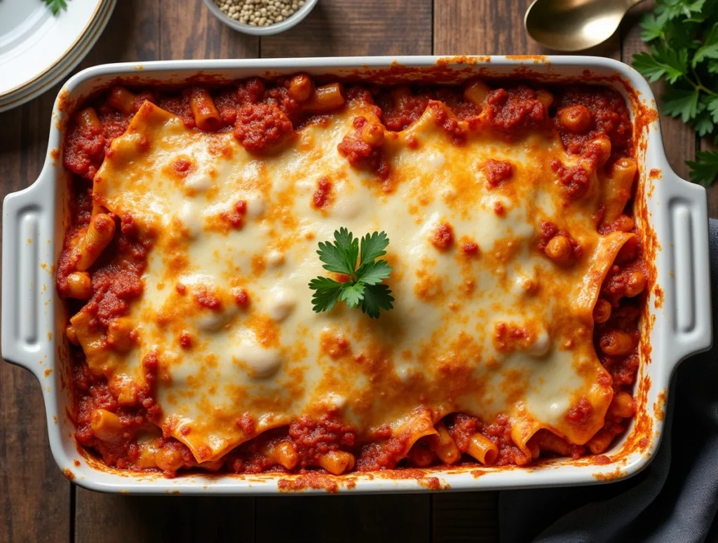 A freshly baked lazy lasagna in a baking dish with golden cheese topping.