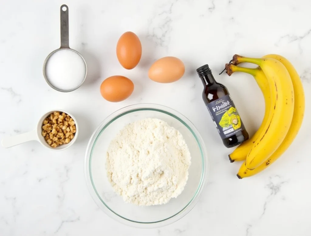 Flat-lay of banana bread ingredients, including overripe bananas, flour, eggs, and walnuts.