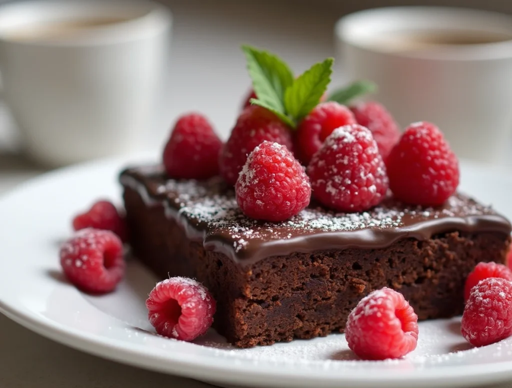 Chocolate kefir sheet cake garnished with raspberries, powdered sugar, and mint, served on a white plate.