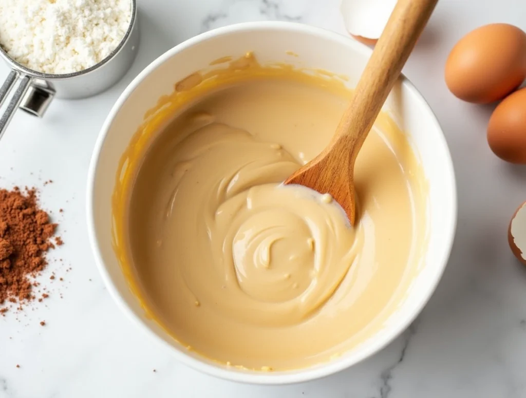 Mixing batter for chocolate pound cake with visible cocoa powder, flour, and eggs.