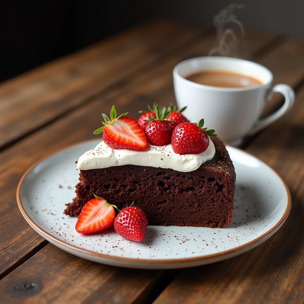 A slice of chocolate pound cake with whipped cream and strawberries, served with coffee.