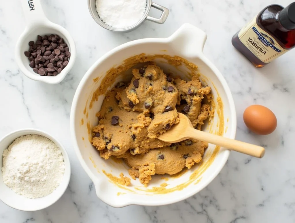 Mixing cookie dough with Ghirardelli chocolate chips, surrounded by baking ingredients on a countertop.