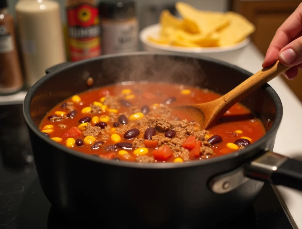 A pot of taco soup frios simmering on the stove with beans, corn, tomatoes, and beef being stirred with a wooden spoon.