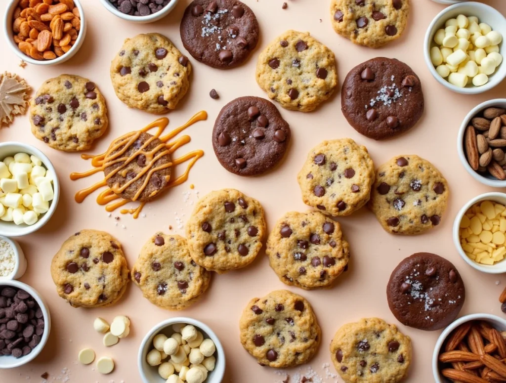 Chocolate chip cookies with toppings like caramel drizzle, sea salt, and sprinkles, surrounded by bowls of nuts and chocolate chips.