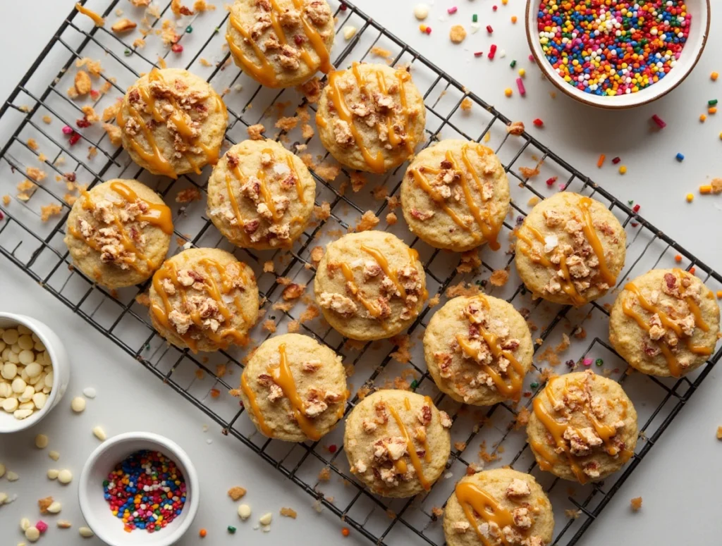 Chocolate chip cookies on a cooling rack with various toppings like caramel, nuts, and sea salt.