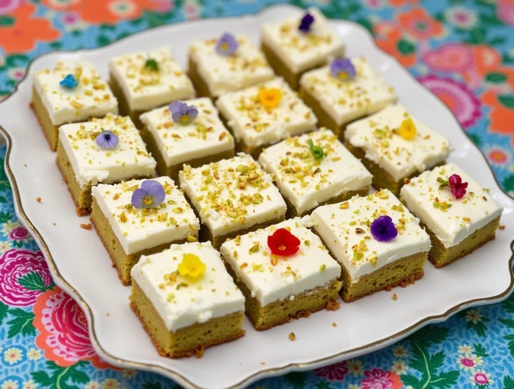 Decorated kefir sheet cake squares with cream cheese frosting, pistachios, and edible flowers on a festive platter.