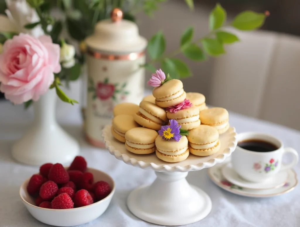 Madeline cookies stacked on a tiered stand with fresh raspberries and espresso on a dessert table.