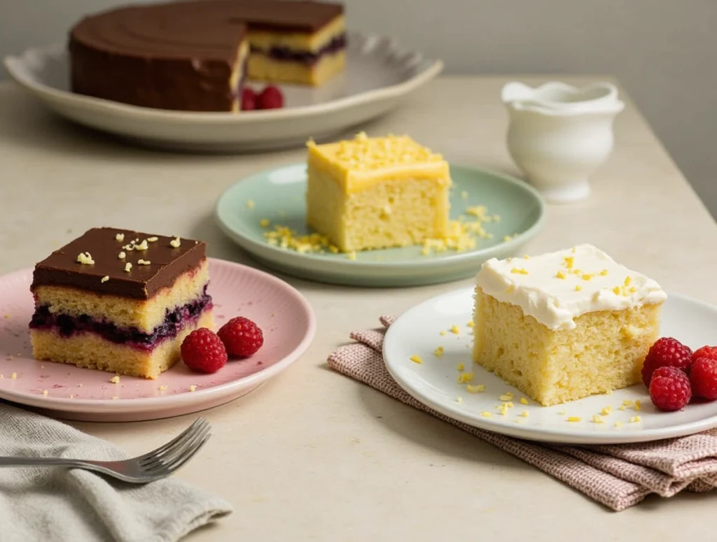 Three types of kefir sheet cakes—chocolate with ganache, lemon-blueberry, and vanilla with cream cheese frosting.