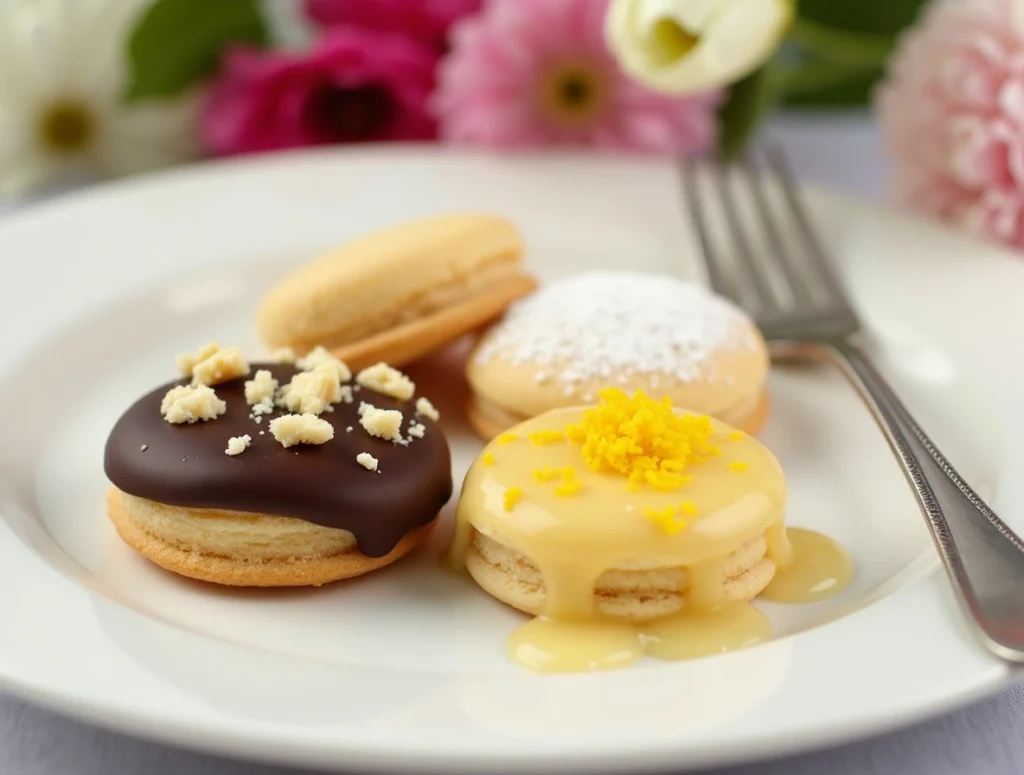 Three types of Madeline cookies—chocolate-dipped, lemon-glazed, and powdered sugar-dusted—on a decorative plate.